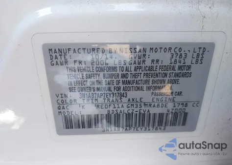 2014 Nissan Sentra S z USA, uszkodzony, nr VIN 3N1AB7AP7EY317843